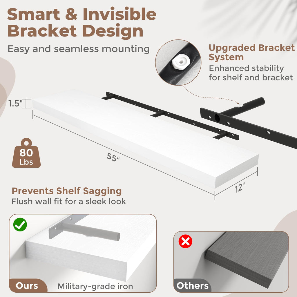 55 Inch Floating Shelves for Wall 2 Pack, 12"D Wood Gra Shelves