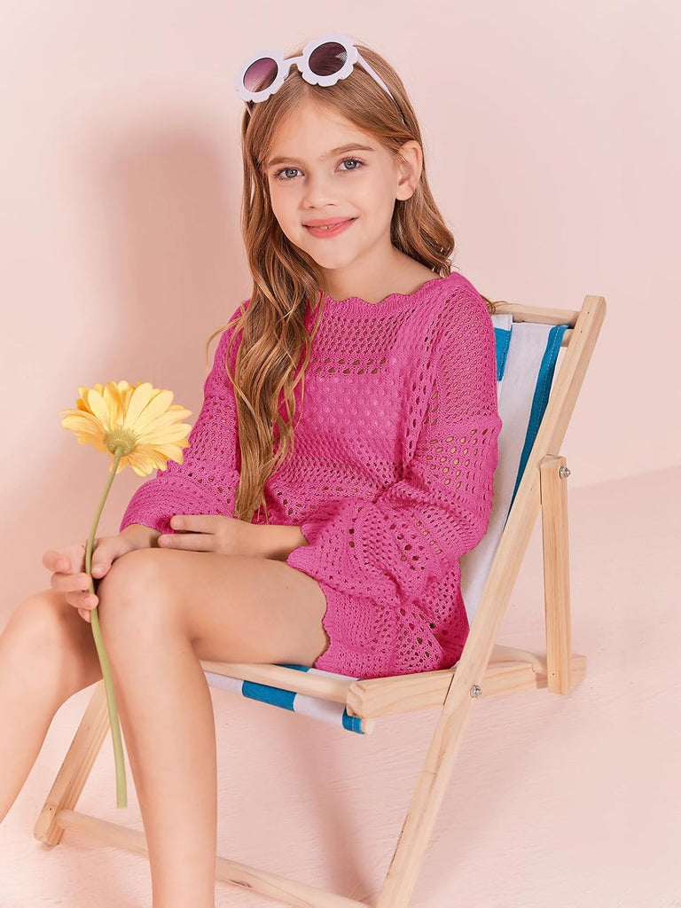 Girls Crochet Long Sleeve Swimsuit Cover Up Kids Fashion Hollow Out Swimwear Beach Dress