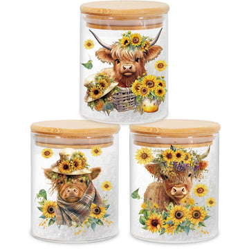 3Pcs Highland Cow Sunflower Glass Storage Jars With Airtight Lid Cattle Floral Decorative Canisters Sets for Cookie