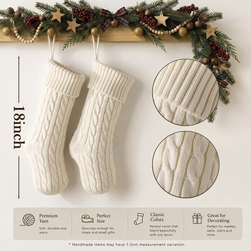 18 Inch Christmas Stockings, Set of 6 Classic Cream White Cable Knitted Stockings with Velvet Ribbon Loop Bows