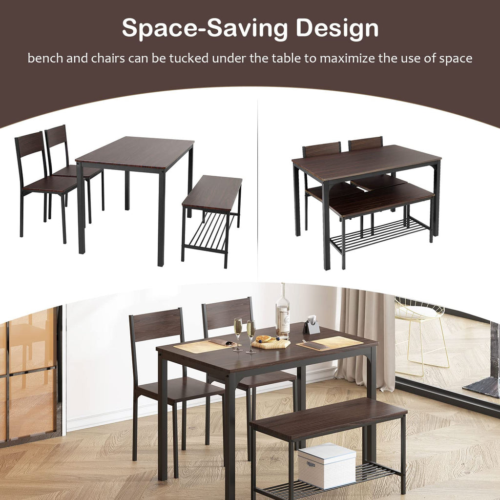 Dining Table Set for 4, with Two Chairs and One Bench/4 Piece Set, Wooden Table Top with Metal Legs for Breakfast
