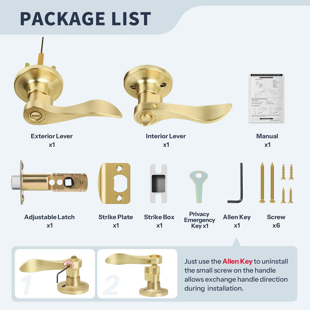 Privacy Wave Style Gold Door Handles (No Key) Interior and Interior Closet, Brushed Gold Door Lock with Reversible