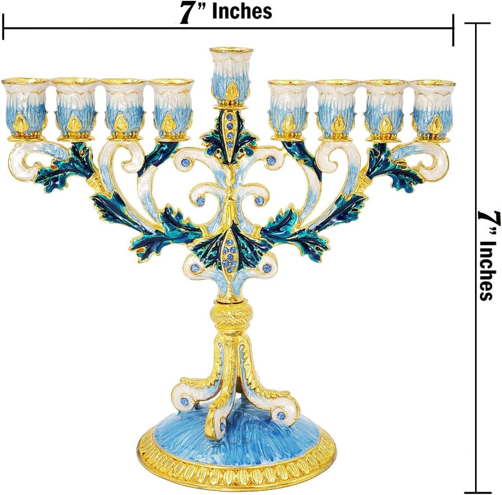 Hand-Painted Enamel Metal with Blue, White, Gold and Green Jeweled Accents, 6" Inches