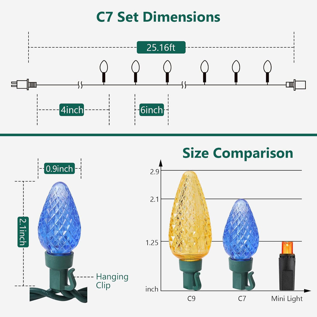 2-Set C7 Led Christmas String Lights, 25.16ft 50 LED Waterproof Decorative Light Strand, Extendable Green Wire String