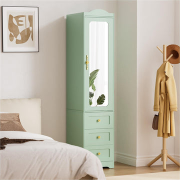 Armoire Wardrobe Closet, 69.5" H Wood Bedroom Armoires Cabinet with Mirror Door and 3 Drawers, Green Clothing Storage