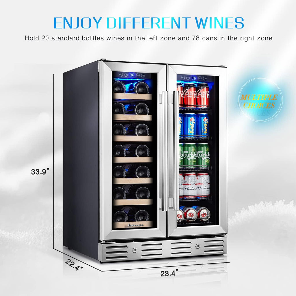 24 Inch Wine and Beverage Fridge, Wine Refrigerator Dual Zone Hold 20 Bottles an