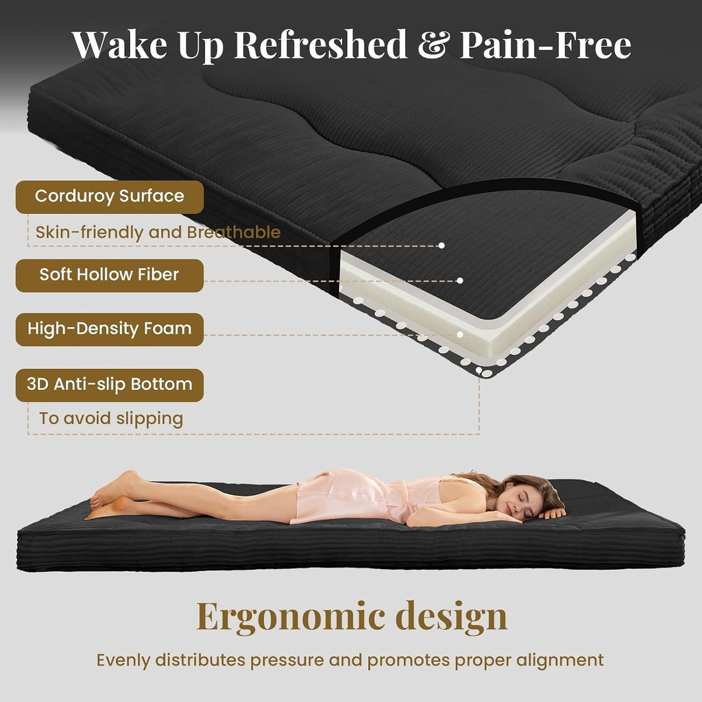 Futon Mattress Full Size, 4" Thicken Japanese Futon Mattress Sleeping Pad, Corduroy Foldable Floor Mattress, Roll Up