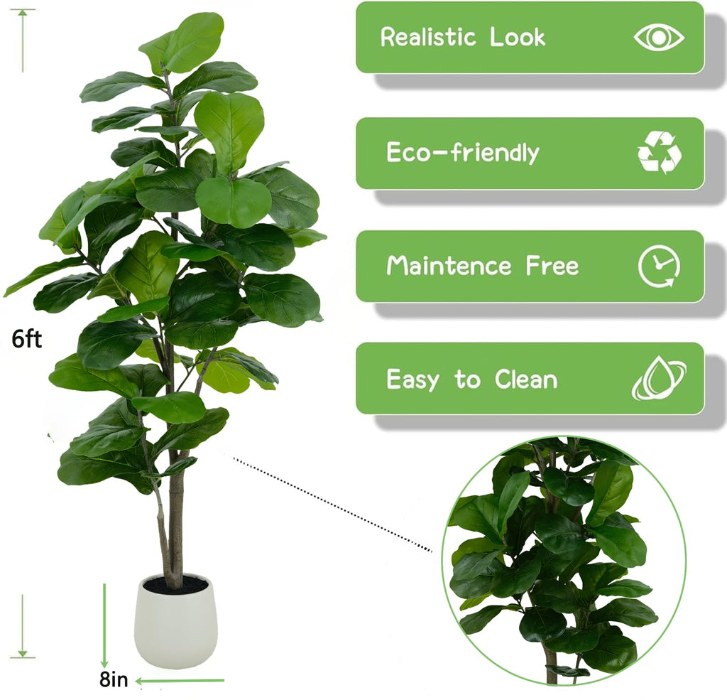 6FT Artificial Fiddle Leaf Fig Tree, Large Fake Plants for Indoor Home Decor, Realistic Faux Fig Tree in Pot, Tall