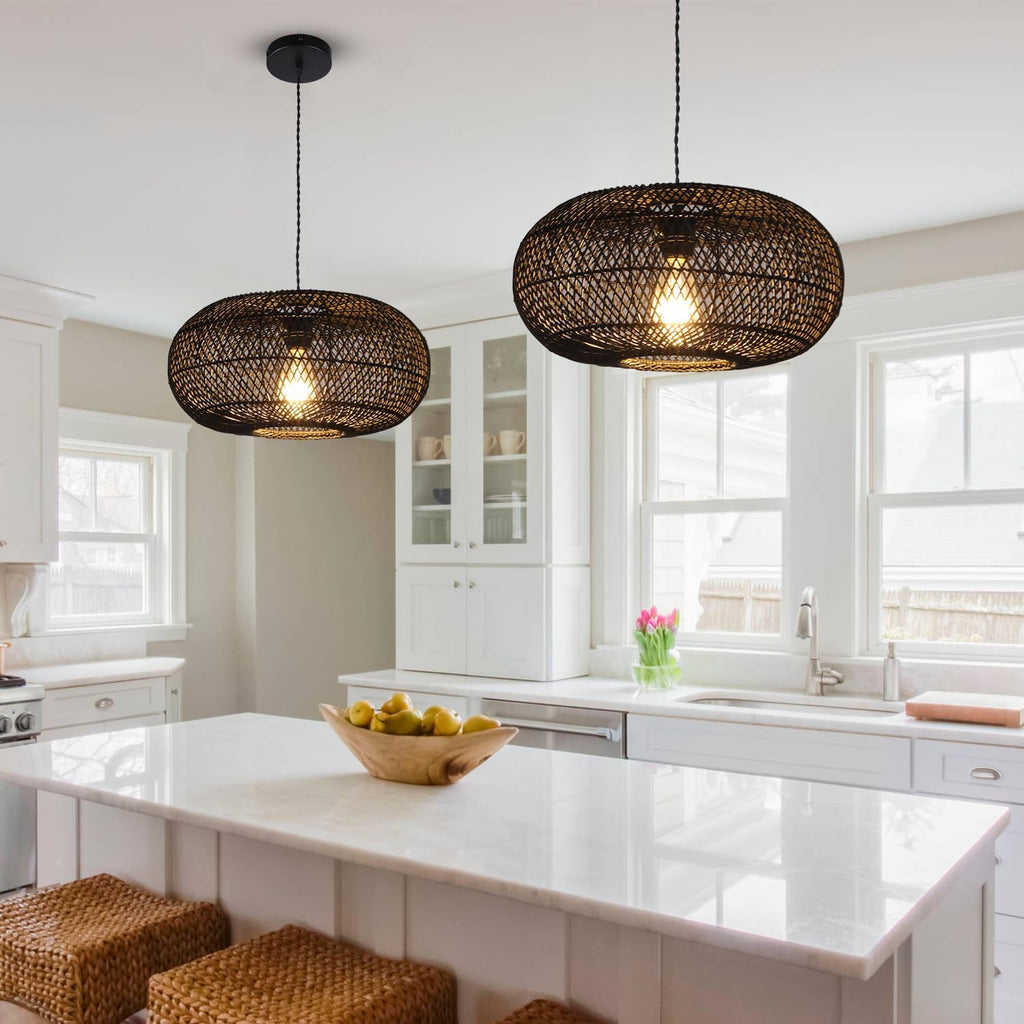 Rattan Pendant Light 15.75" 1-Light Hand-Woven Bamboo Rattan Hanging Lamp Large Globe Wicker Chandelier Modern