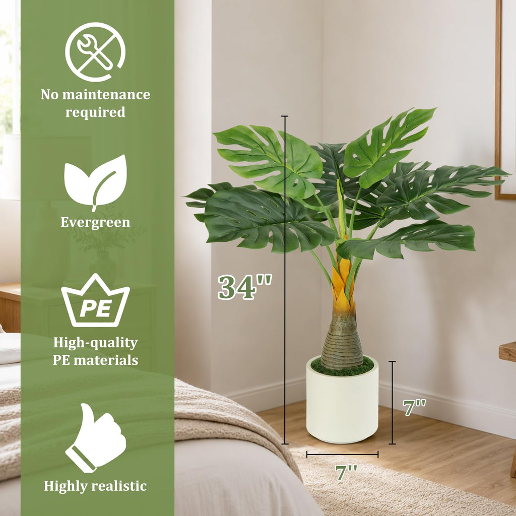 Artificial Monstera Deliciosa Plant 34'' Fake Tropical Tree with White Pot
