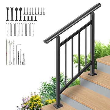 Upgrade 2 in 1 3 Step Stair&Horizontal Handrails, Adjustable 40"x38" Stair Railing Kits, Black Wrought Iron Hand