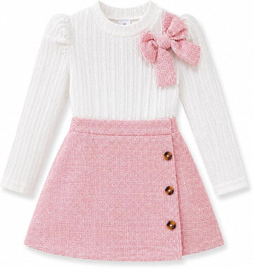 Toddler Girl Fall Winter Outfit Knit Bow Sweater Top Plaid Skirt Set