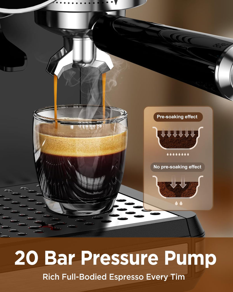 Espresso Machine with Grinder and Frother, 30 Grind Settings, 20 Bar