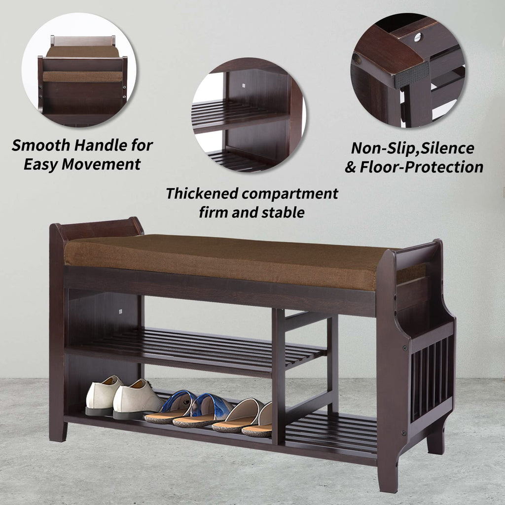 Entryway Shoe Bench with Bamboo Seat, 2-Tier Shoe Bench with Removable Brown Cushion and Umbrella Holder -L