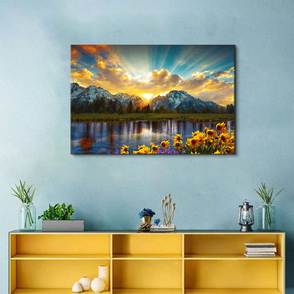 Sunset Grand Teton Mountain Wall Art Office National Park Forest Picture Canvas Painting 24x36", Sunflower Landscape