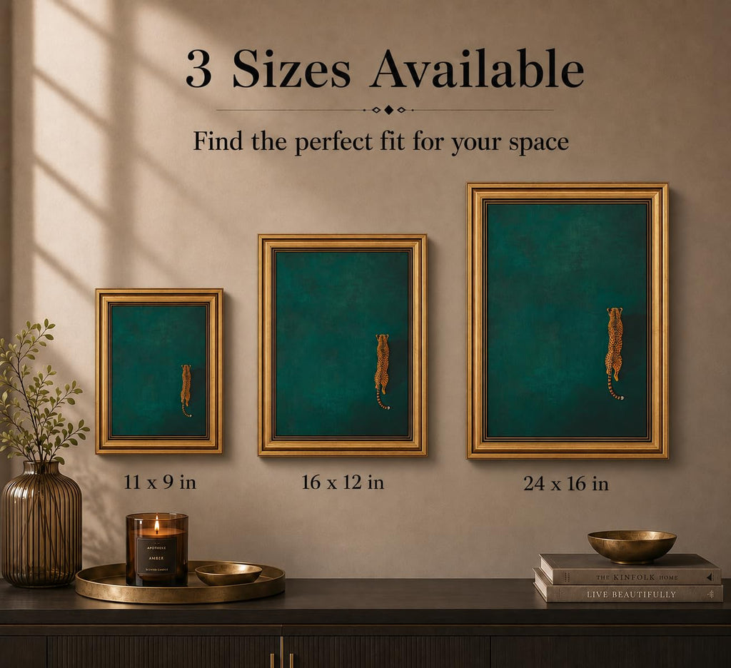 Gold Framed 3D Textured Wall Art, Vintage Green Cheetah Canvas Prints, Minimalist Emerald Green Leopard Pictures