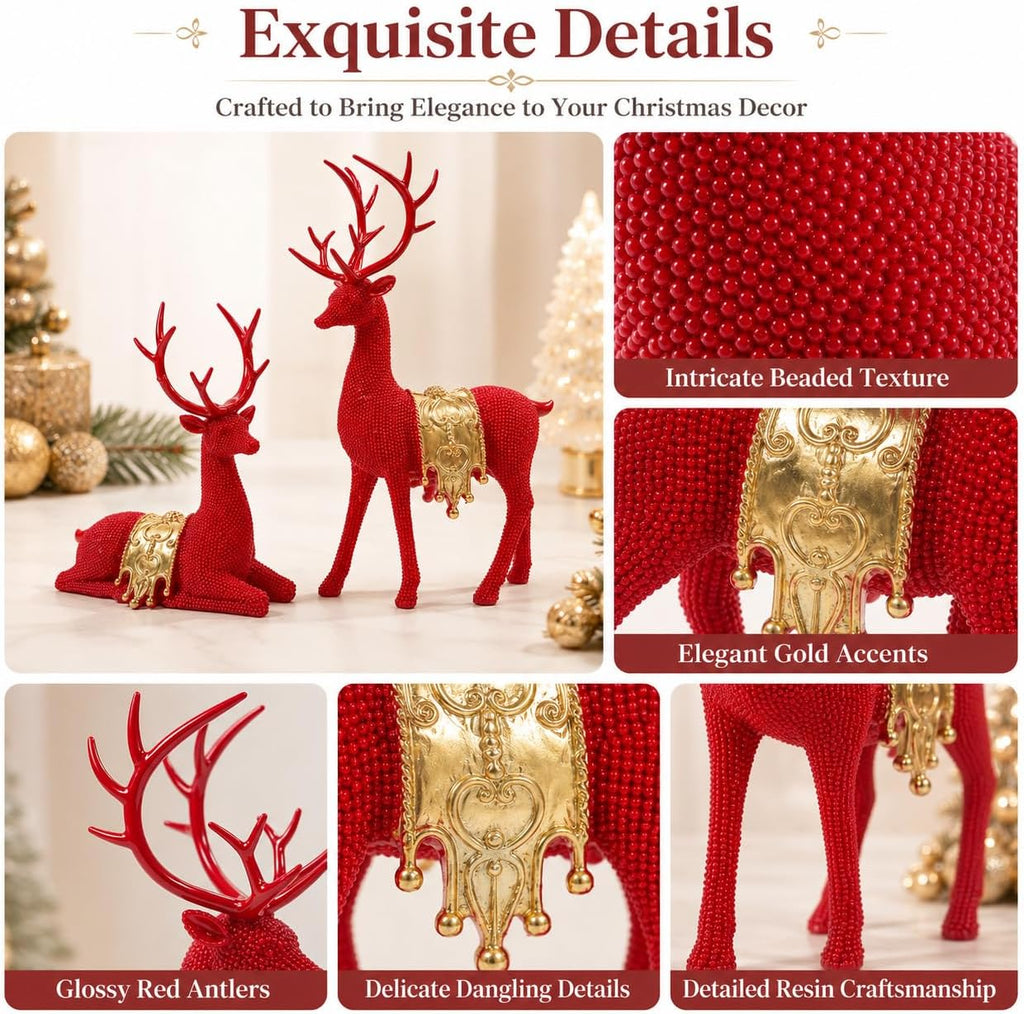 Red Gold Reindeer Figurines Set of 2 for Christmas Tabletop Decor