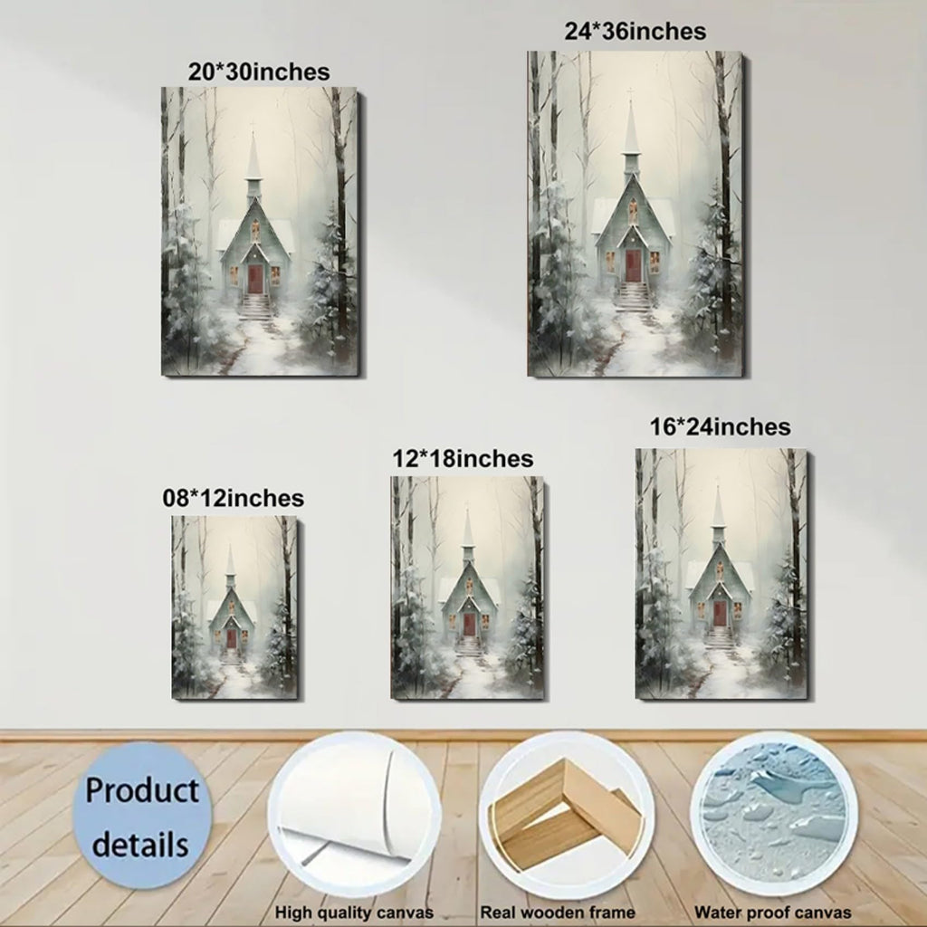 Winter Cabin Wall Art Poster Print 24x36inch, Snowy Forest Scene Art, Framed Christmas Prints - Christmas Canvas
