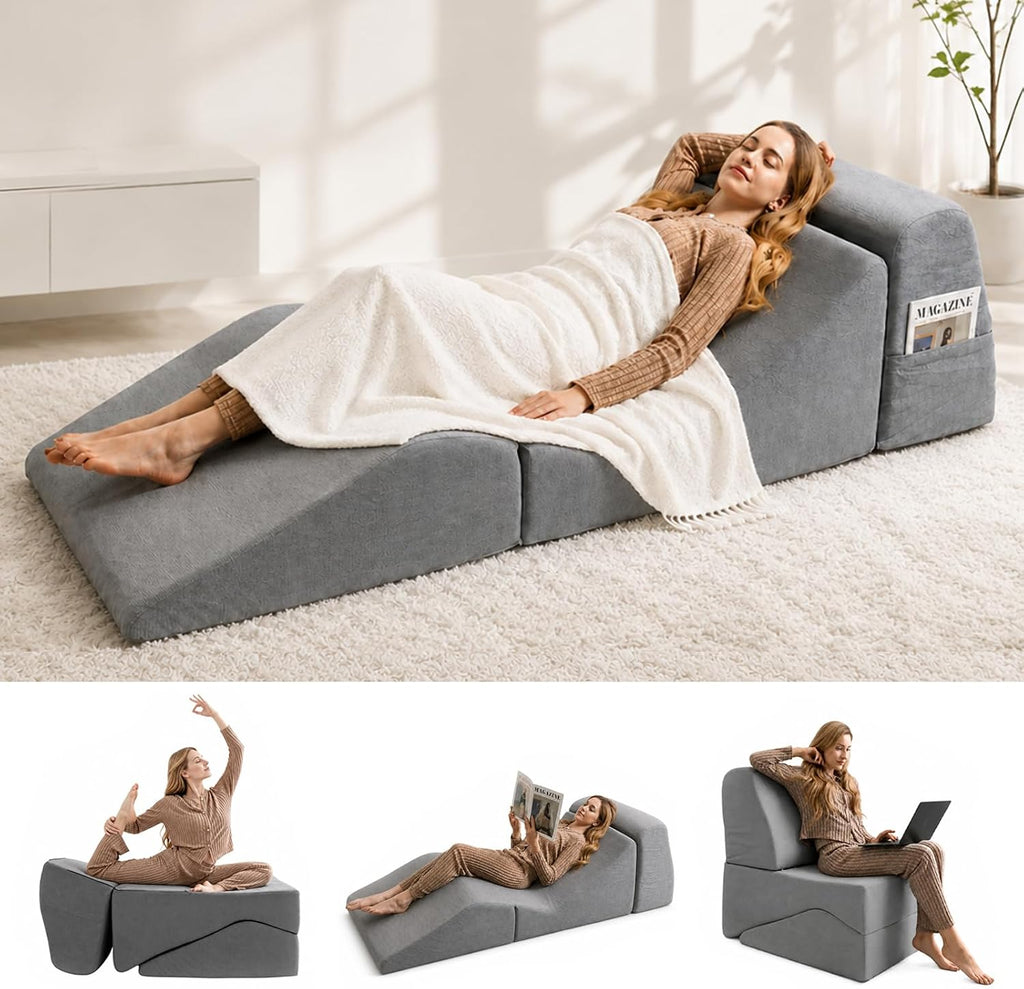 Yoga Chaise Lounge Chair Indoor, 3-in-1 Convertible Boneless Couch Bed | Corduroy Floor Sofa with Memory Foam, Zero