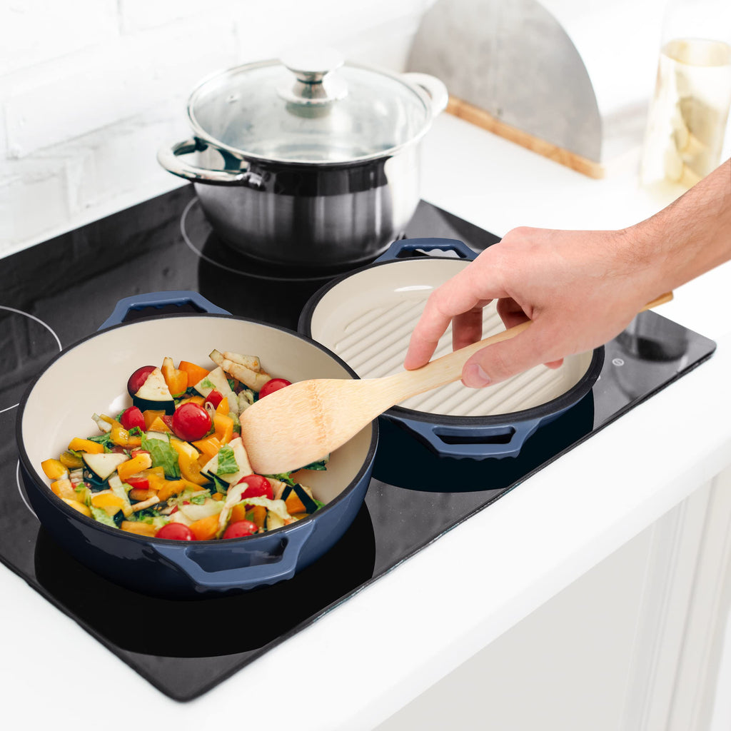 2-in-1 Enameled Cast Iron Braiser Pan with Grill Lid - 3.3-Quart Small Dutch Oven, Serves as Both Casserole &