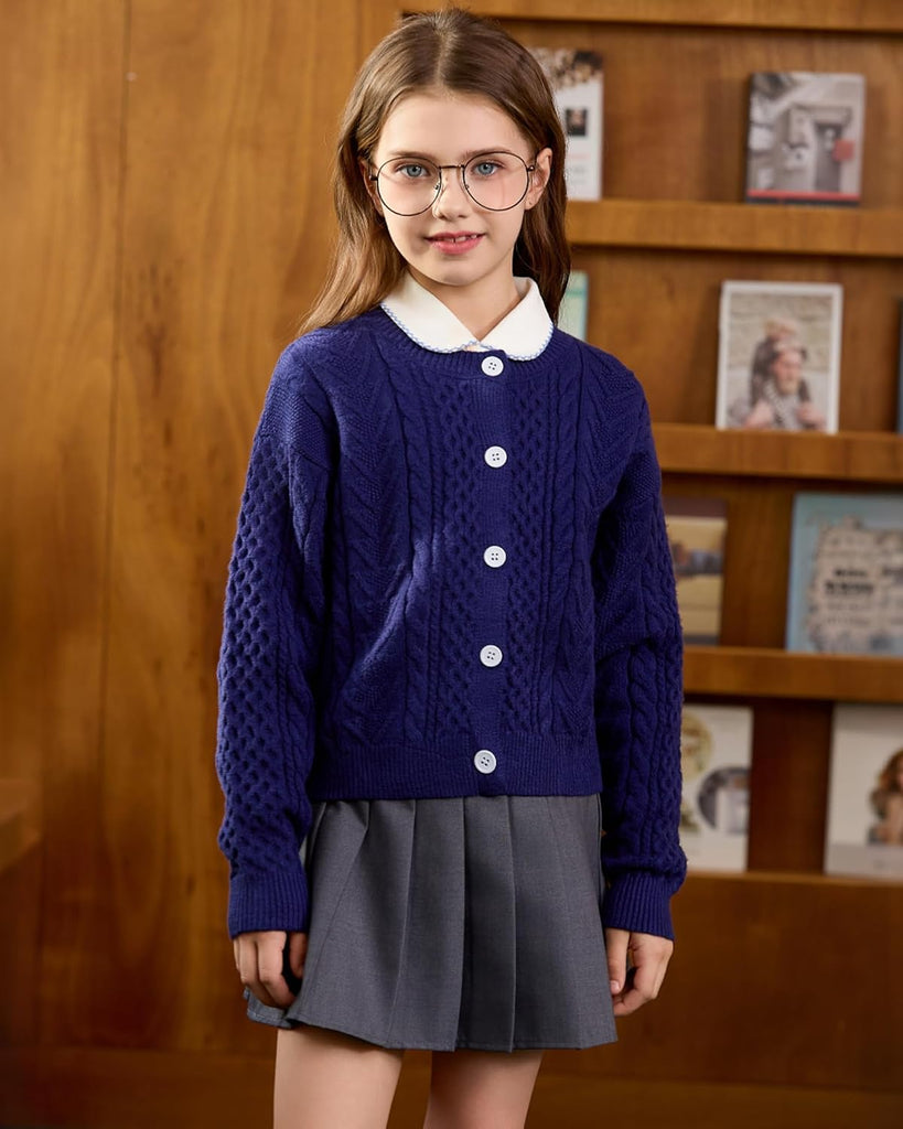 Cardigan Long Sleeve Chunky Cable Knit Cardigan for Girls Button Front Uniform School Sweater