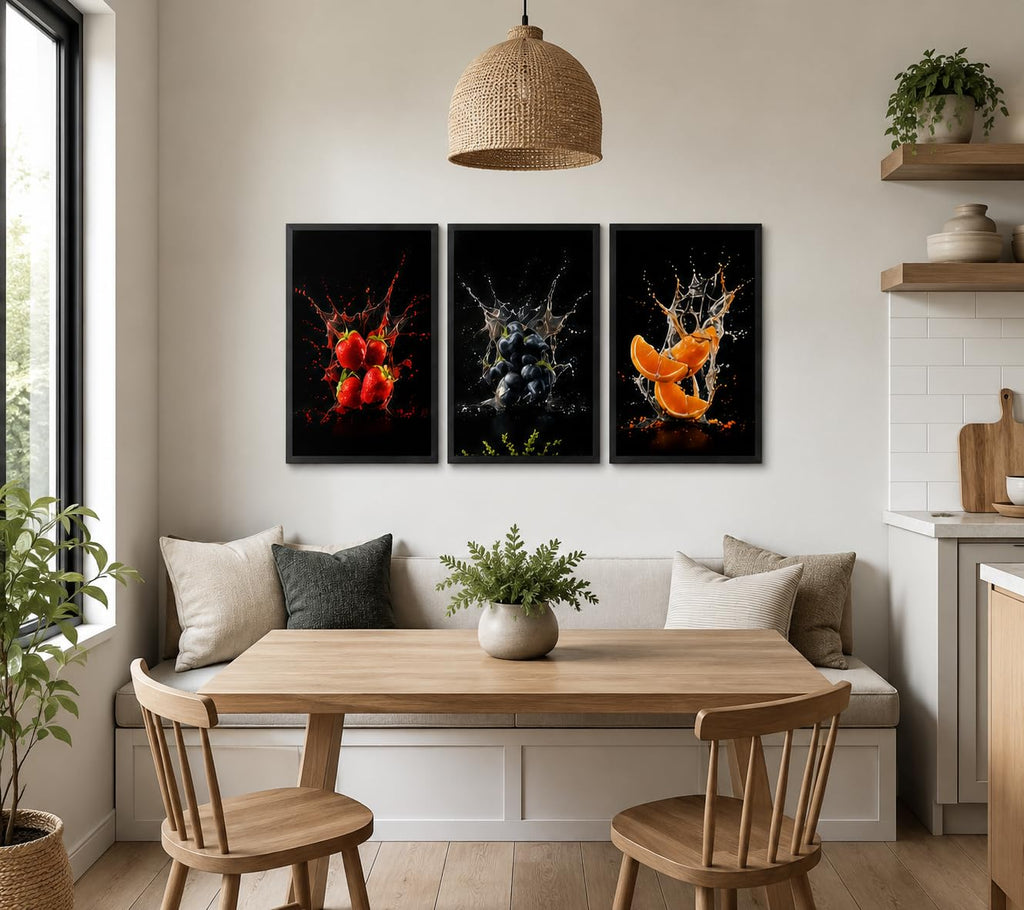 Framed Fruit Canvas Wall Art, 3 Piece Kitchen Decor, 12 x 16 Inch