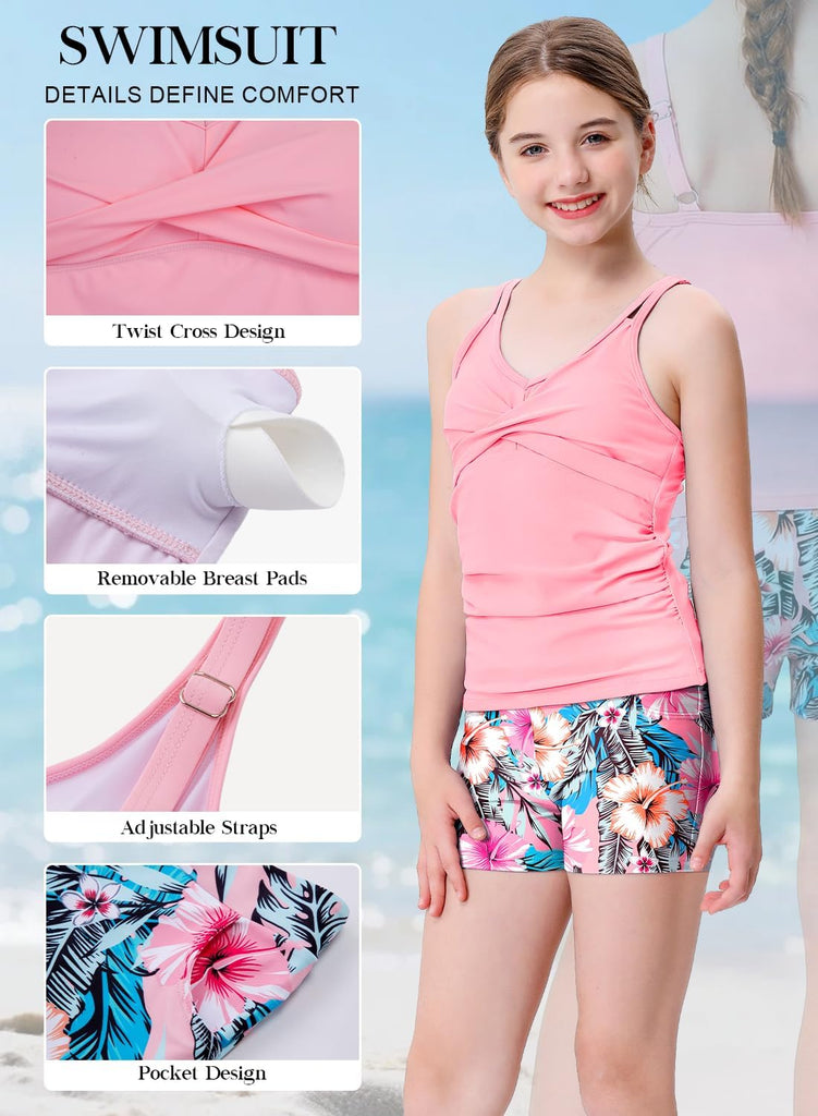 Tween Girls Tankini Swimsuit 2 Piece Bathing Suit Criss Cross Ruched Girl Swimwear with Chest Pad