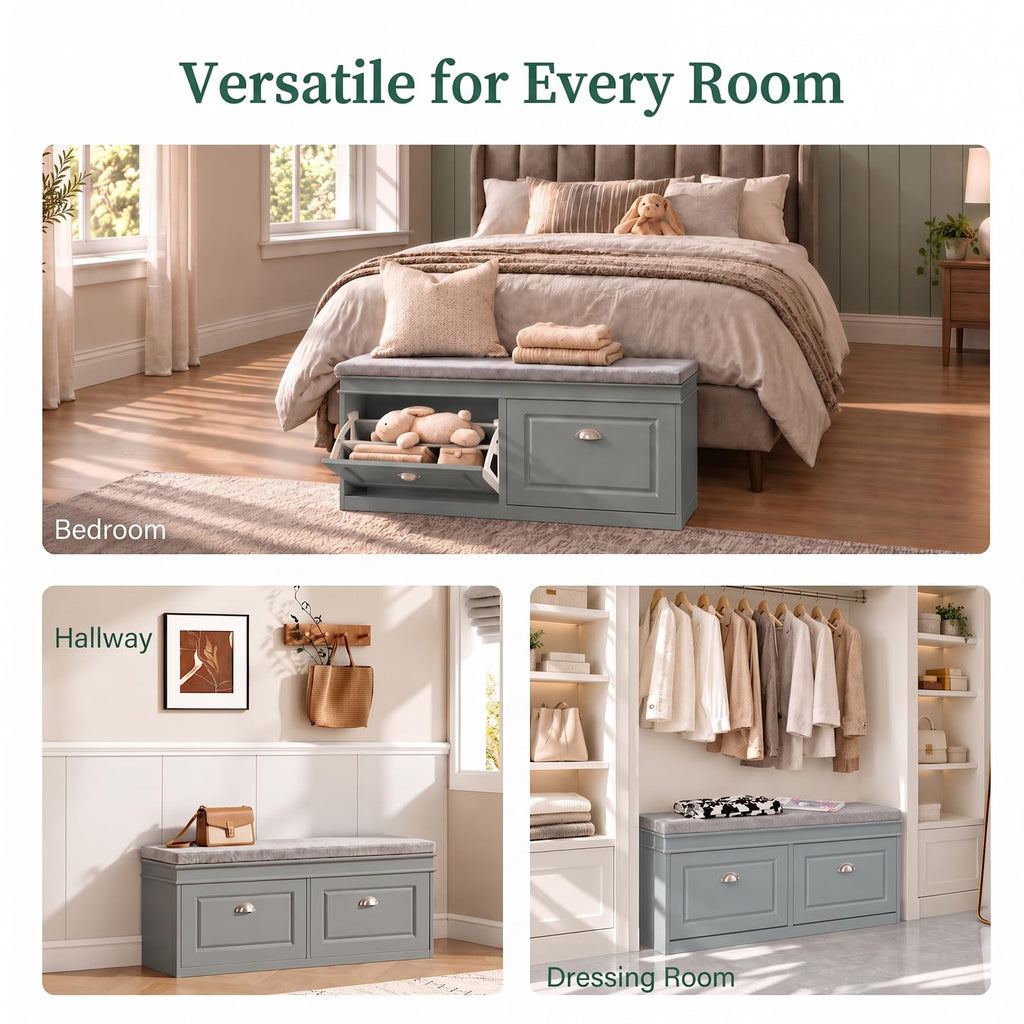 Grey Storage Shoe Bench with 2 Flip Drawers, Hidden Shoe Bench, Free Standing Shoe Rack, Shoe Cabinet, Hallway