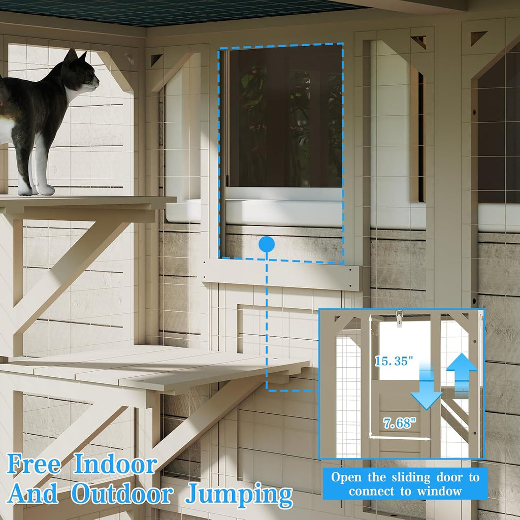 59.06" L Large Catio Outdoor Cat Enclosure, Wooden Window Cat House with 3 Jumping Platforms & Resting Room for Feral