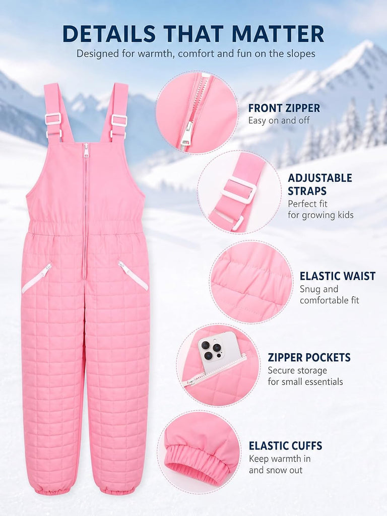 Kids Quilted Ski Overalls Waterproof Snow Pants