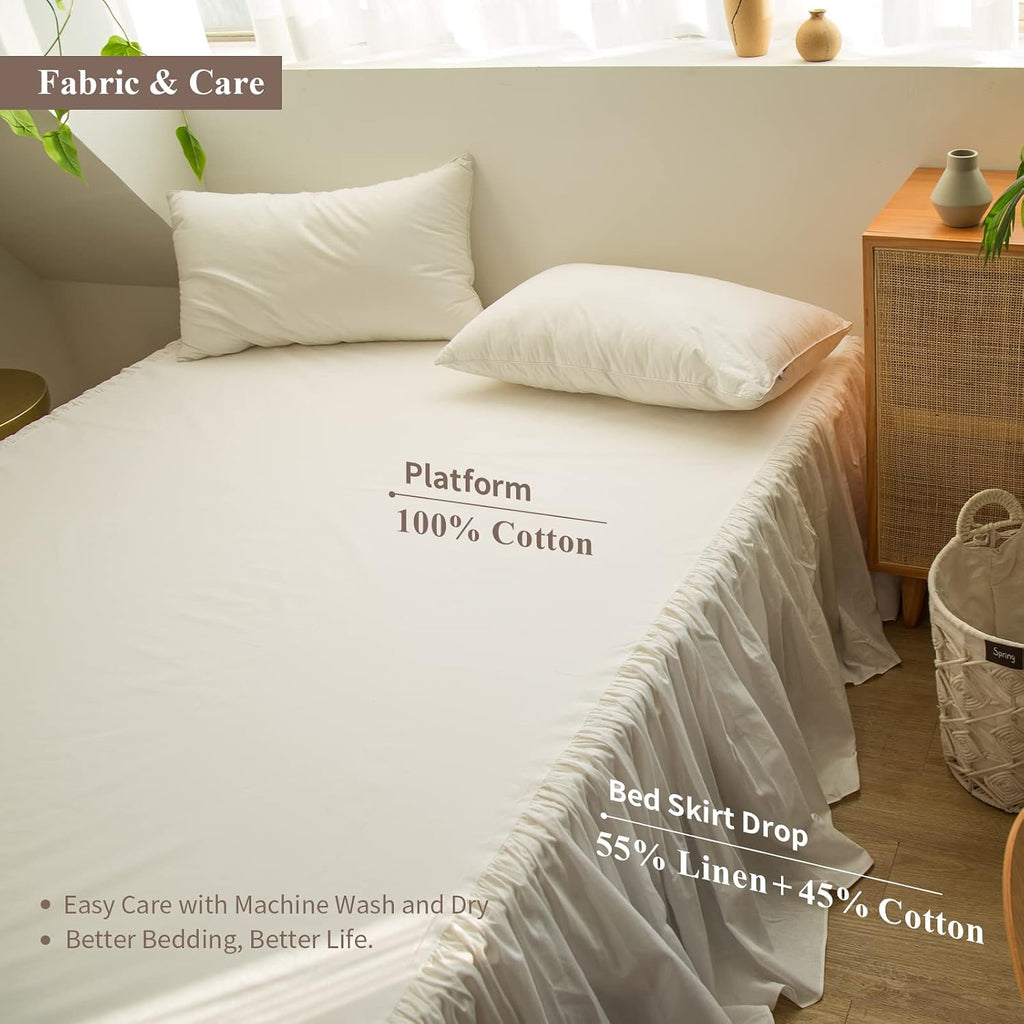 French Linen Bed Skirt with Pleated Frills 22-Inch Tailored Drop Natural Flax Cotton Blend Dust Ruffle Soft Cozy