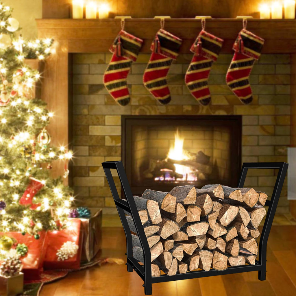 24in Small Firewood Rack Metal Indoor Log Holder for Fireplace, Outdoor Patio, Fire Pit, Stove - Black