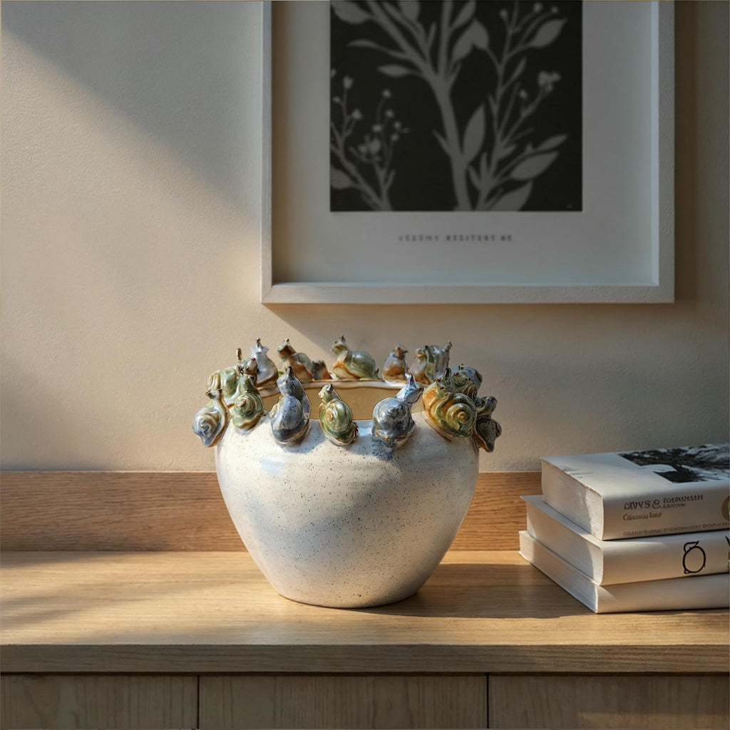 Stoneware Planter with 3D Snails on Rim in Reactive Speckled Glaze, Blue, Green, and Cream Finish