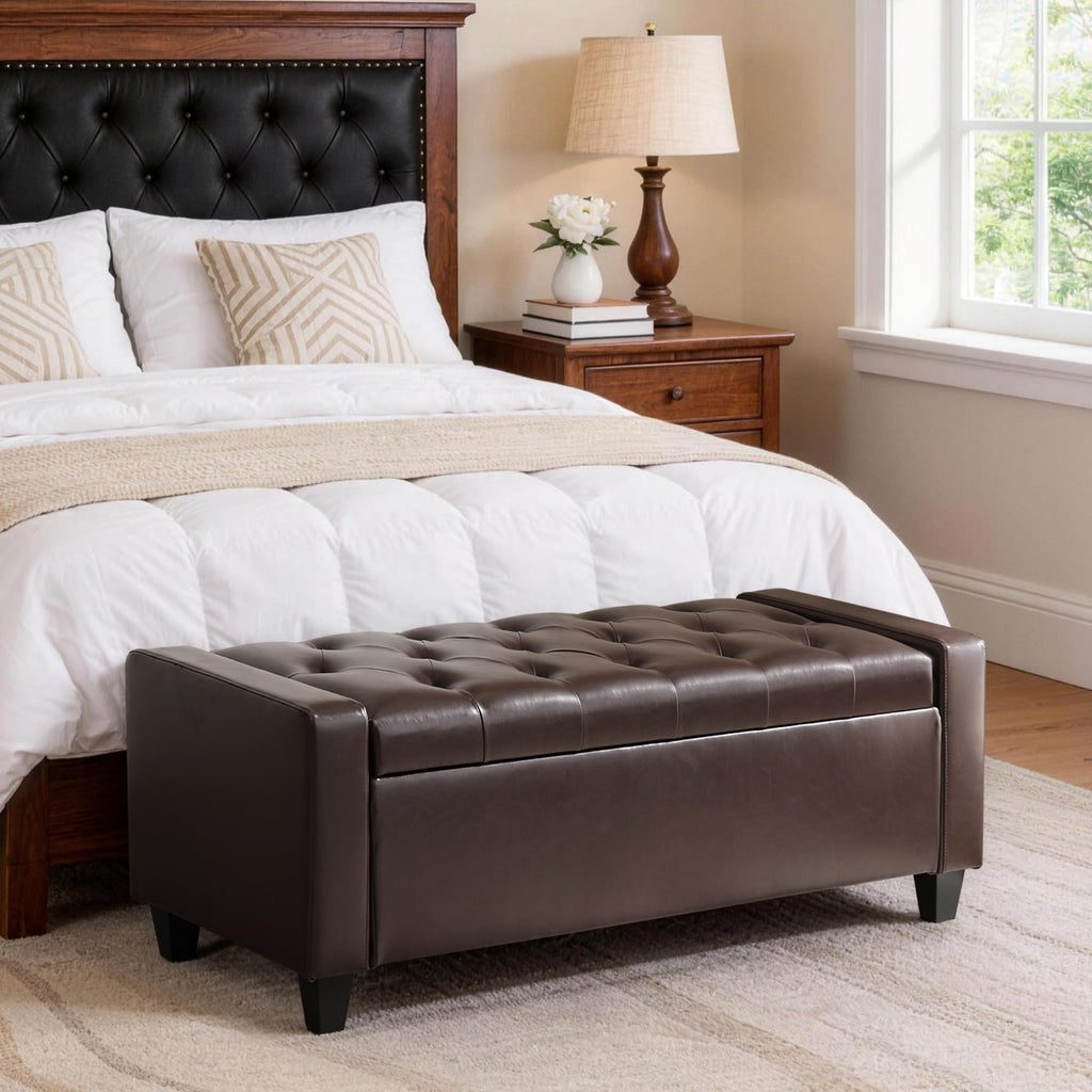 Ottoman with Storage, PU Leather Storage Bench(Dark Brown)