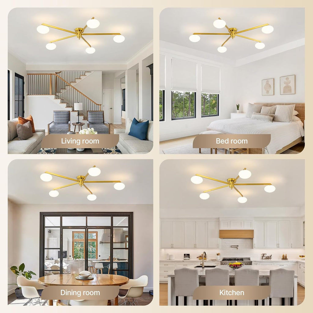 Semi Flush Mount Ceiling Light, Gold Sputnik Ceiling Light Fixture with 5-Oval Milk Glass Lampshades, Mid Century