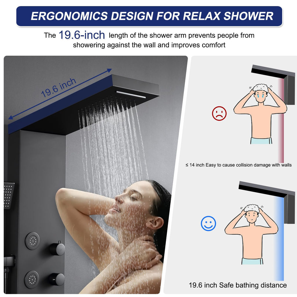 4-in-1 Rainfall Waterfall Shower Panel Tower System, Matte Black