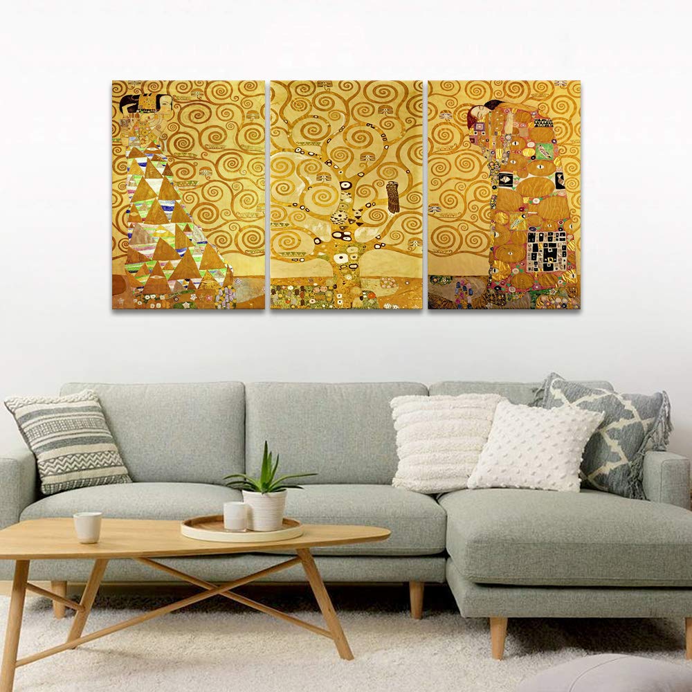 Gustav Klimt Painting Wall Art, The Tree of Life Canvas Picture Art Print, Modern Luxury Gold Style 3 Panels Wall