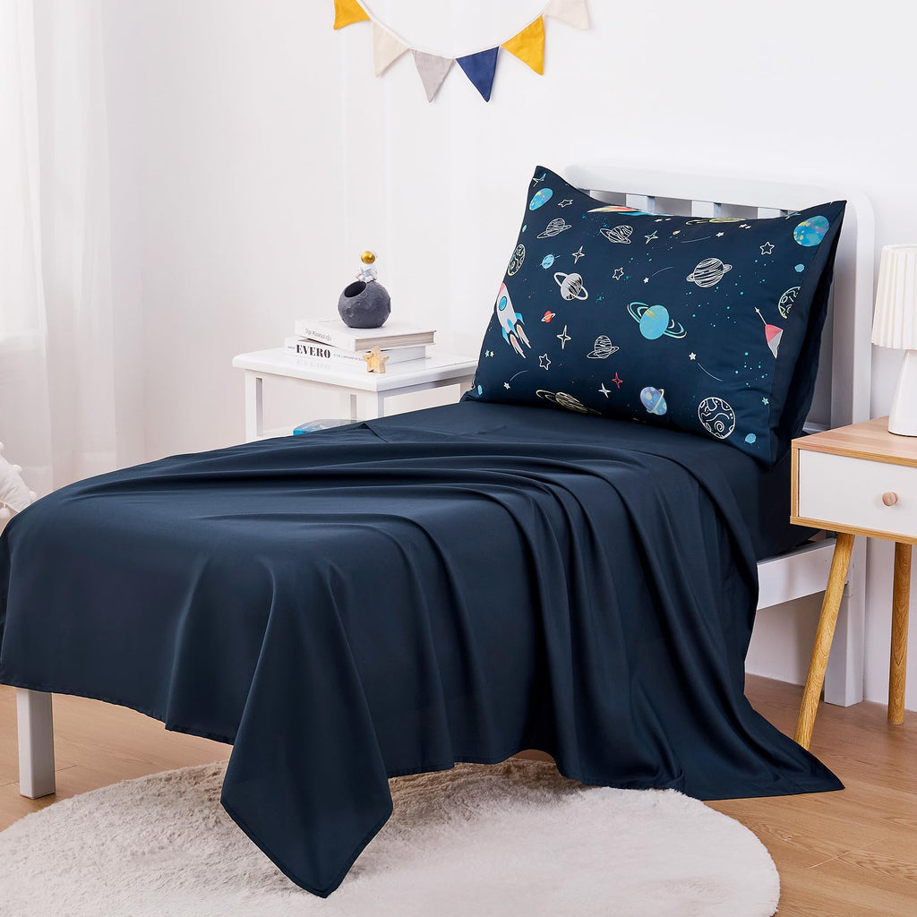 Toddler Bedding Set for Boys, Space Rocket Planet Star, 4 Pieces Soft Crib Bed Set Including Comforter, Sheets and