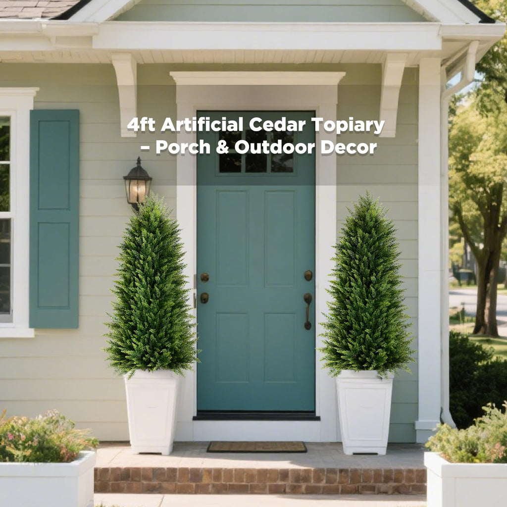 4FT Artificial Cedar Topiary Trees (2 Pack) - UV Resistant Fake Evergreen Shrubs with Extra Dense Foliage, Realistic