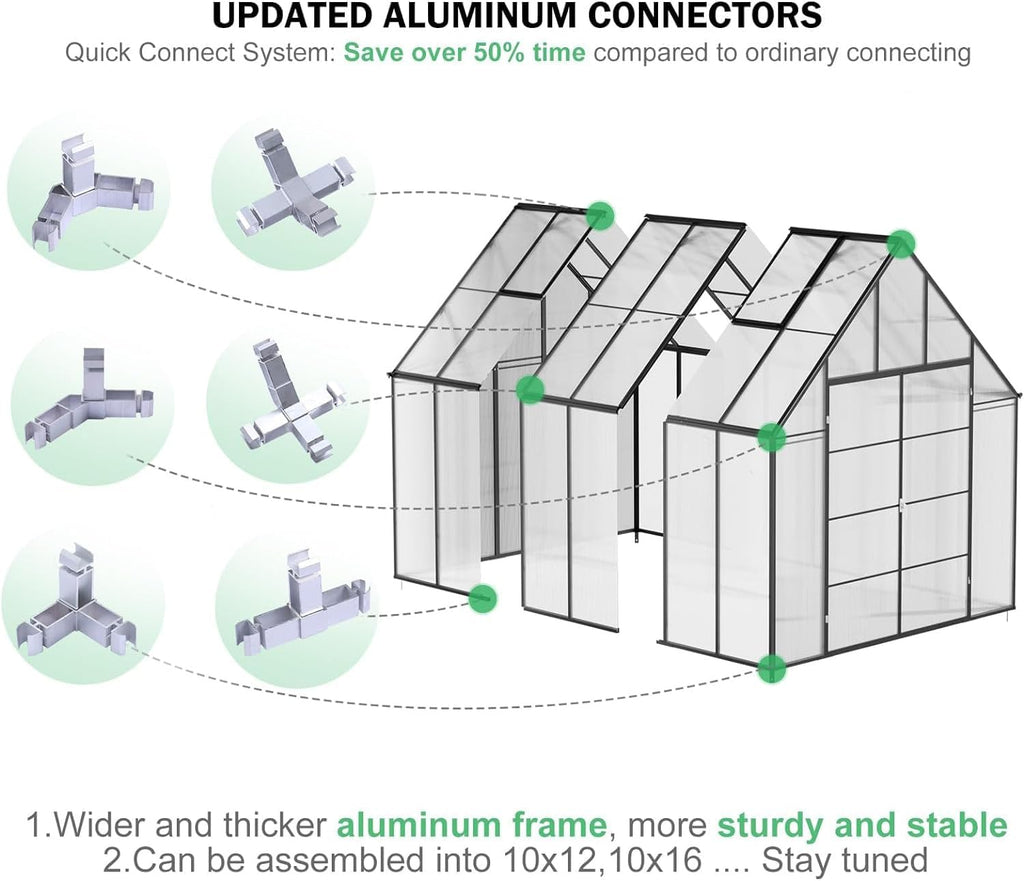 12.4x10.2x10 FT Greenhouse for Outdoors,Easy Assembly Large Polycarbonate Greenhouse Aluminum Heavy Duty Greenhouses