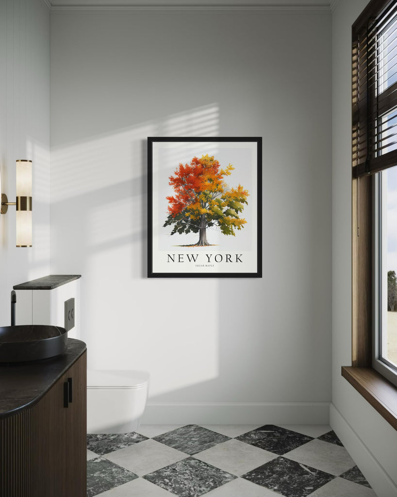 York Sugar Maple Tree Black Framed Poster Wall Painting, US State Print Artwork, Vintage Bathroom Living Room