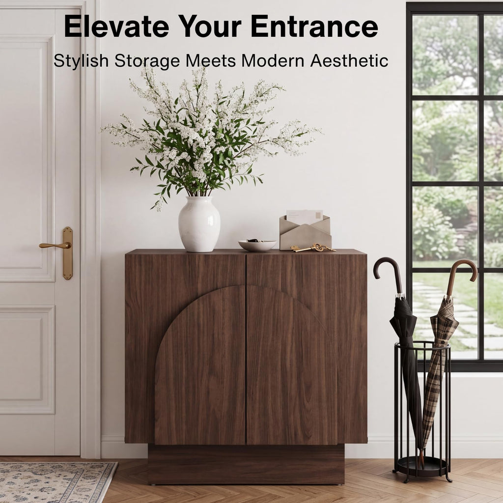 Walnut Sideboard Buffet Cabinet with Storage, 31.5" Modern Sideboard Cabinet with Arched Doors & Shelf, Farmhouse