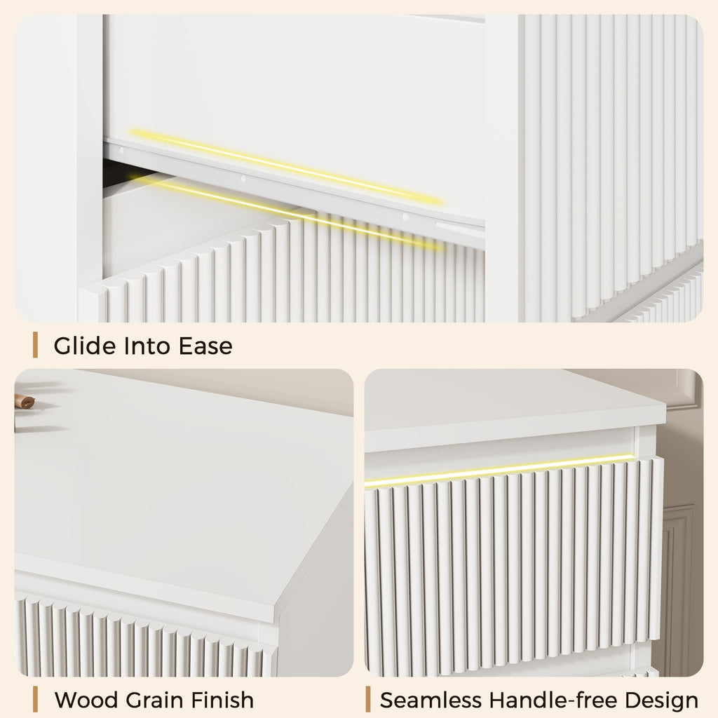 6 Drawer Fluted Dresser, Modern Chest of Drawers with Hidden Handles, Wood Storage Organizer Cabinet, White (15.7" D