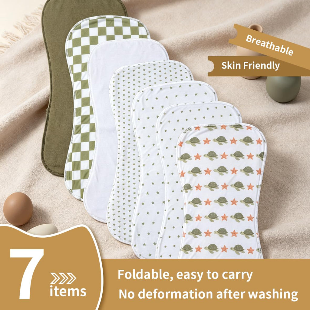 Baby Burp Cloths, 7 Pack, Assorted Prints with Squirrel, Dinosaur and Bear Themes (Green-wg)
