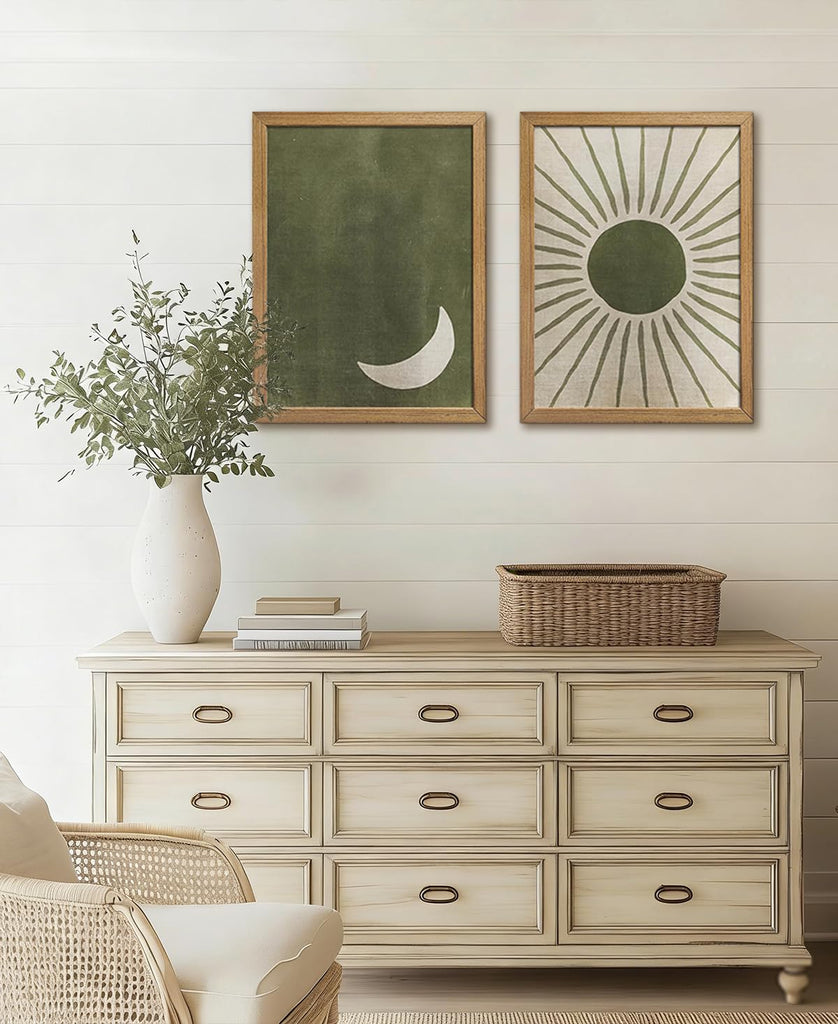 Sage Green Boho Wall Art Set of 2, Wood Framed Sun and Moon Decor, Minimalist Mid Century Modern Celestial Prints