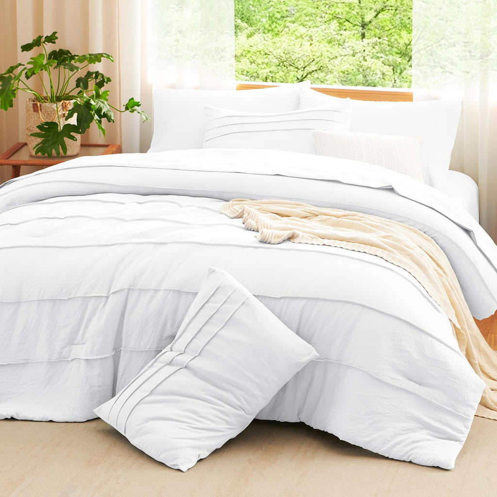 King Size Comforter Set White, 7 Pieces Soft Pinch Pleat Bed in a Bag King Comforter Set with Sheets, Boho Bed Set