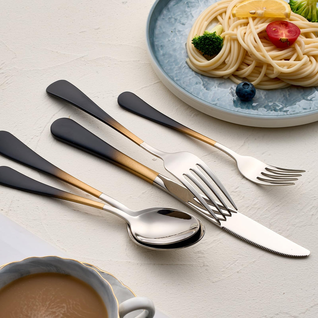 20-Pieces Black gold Silverware Sets for 4, Black gold Handle Stainless Steel Cutlery Set, Include Forks Spoons and