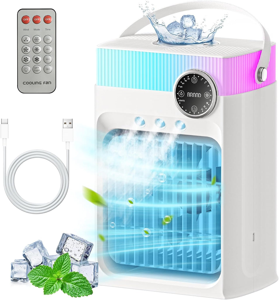 Portable Air Conditioners, Mini AC Unit Cooling Fan,1200ML Small Air Cooler Fans with Remote, 3 Mist,3 Speed,8 Light