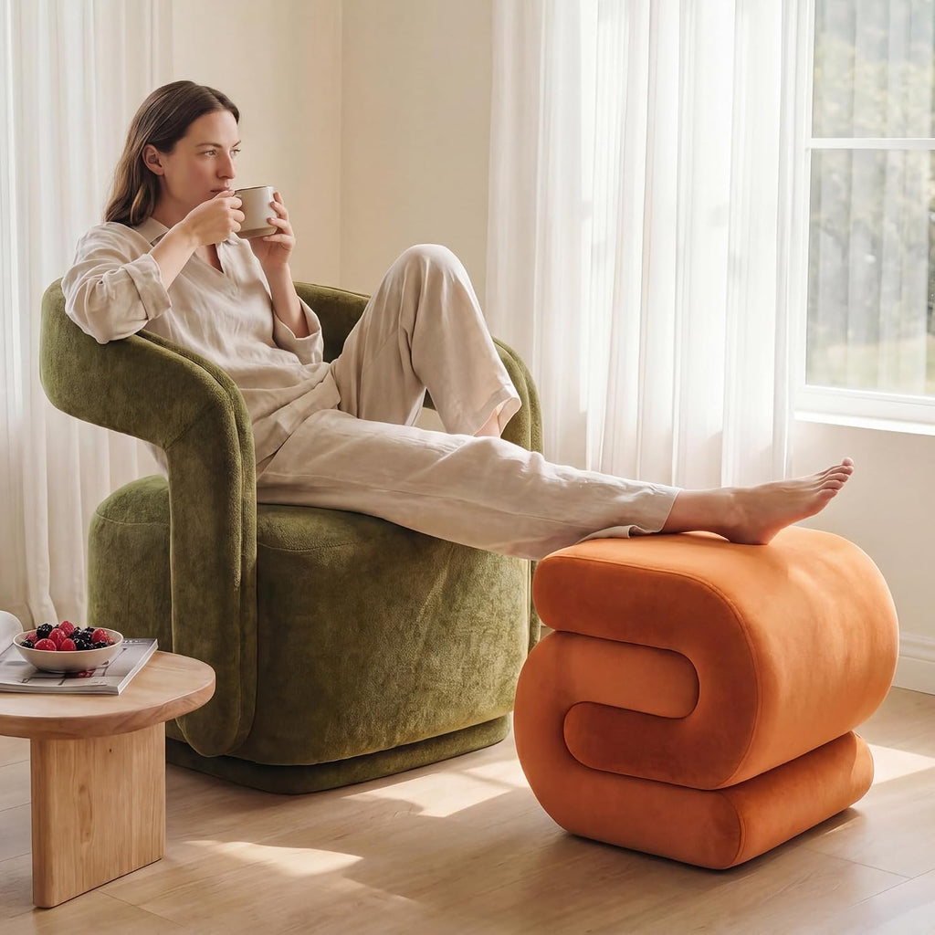 S Shape Modern Pouf Ottoman Vanity Stool, Velvet Orange | Footstool with Sponge Filling, No Assembly Required, Soft
