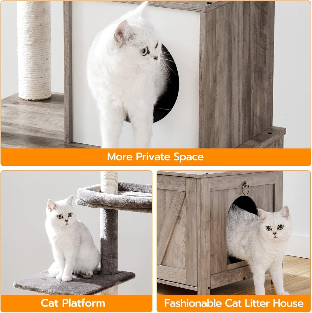 Cat Tree Tower with Litter Box Enclosure Indoor, Wooden Cat Condo with Scratching Posts, Litter Box Furniture Hidden